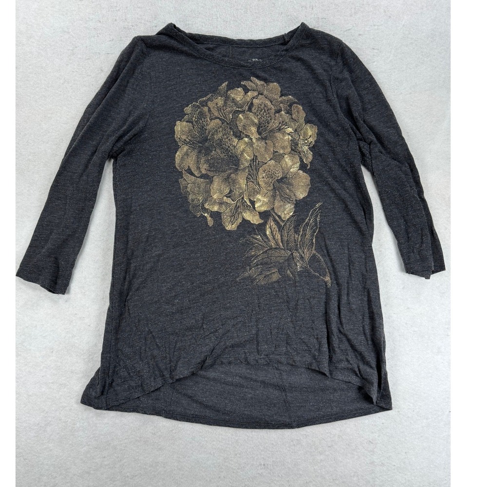 Lucky Brand Mens Charcoal Gray Gold Metallic Floral High Low Long Sleeve Top M